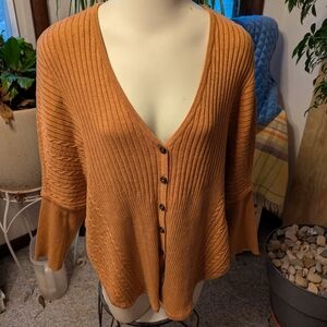 Nic & Zoe Brown Ribbed Button Front Poncho Style  Cotton Cardigan Sz Xl